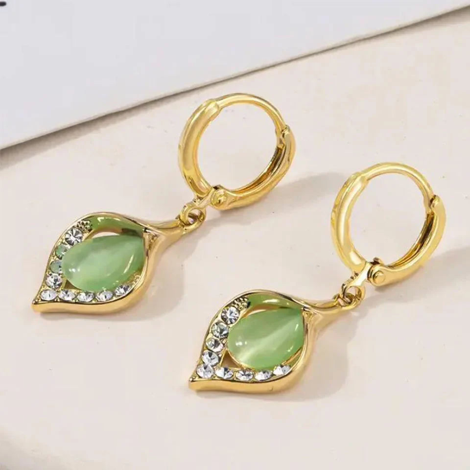 Korean Angel Eye Rhinestone Hoop Earrings in Gold Color with Tulip Petal Design for Women