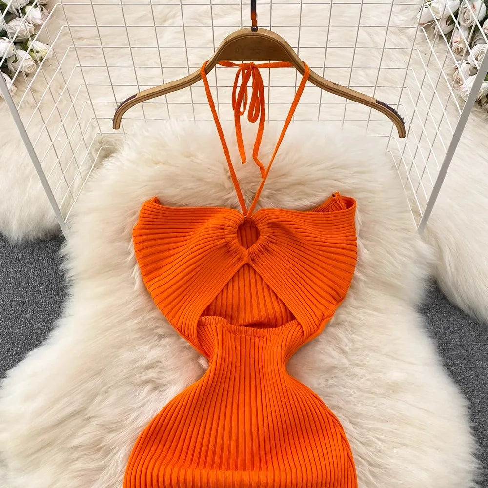 Y2K Knitted Halter Bodycon Dress For Party Streetwear