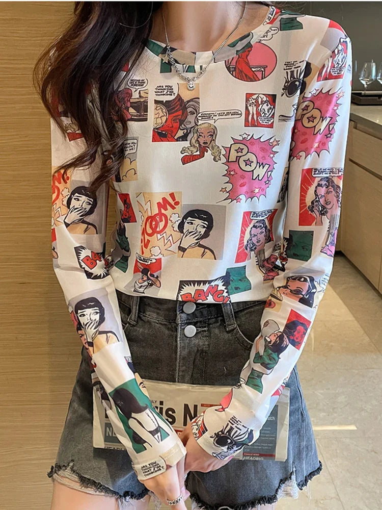Women's Sexy See-Through Mesh Blouse Long Sleeve Transparent Elegant Printed Shirt Fashion Top