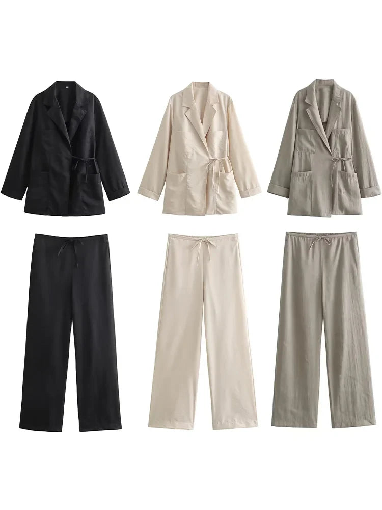 Grey Lace Up Two Piece Set for Women with Pockets and Vintage Drawstring Trousers