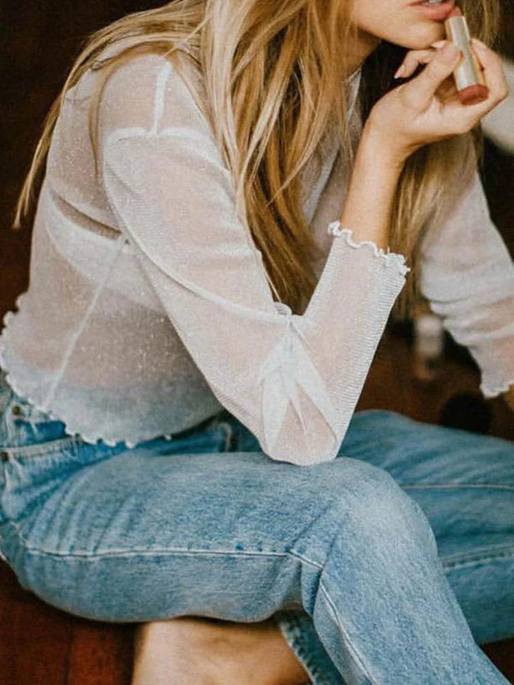 Sexy Mesh Long Sleeve T Shirt for Women Black Transparent Club Top