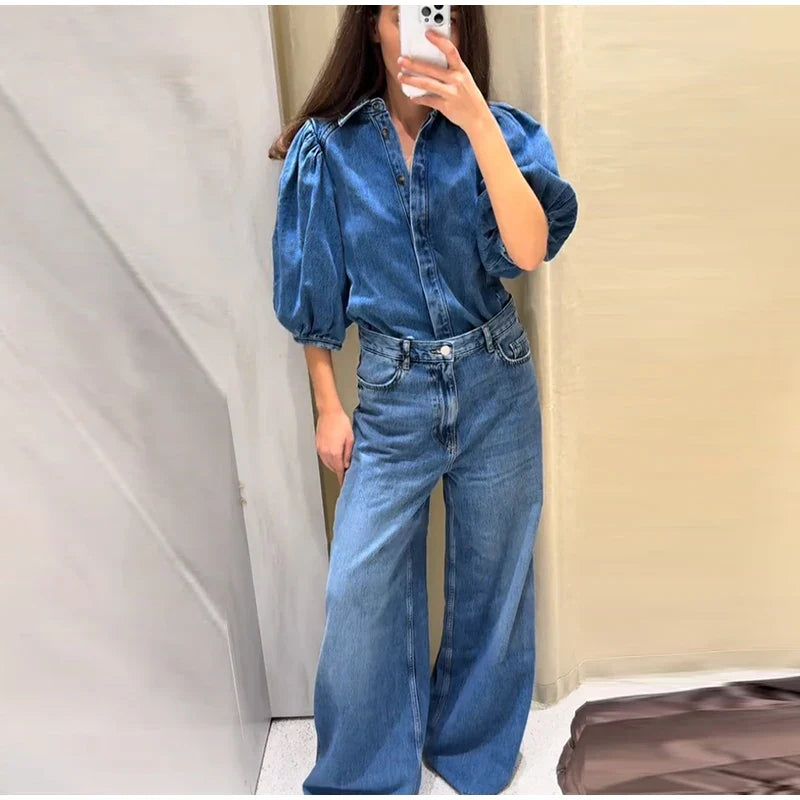 Street Denim Women's Puff Sleeve Shirt Solid Color Single Breasted Pleated Blouse Casual Half Sleeve Top for Spring and Summer
