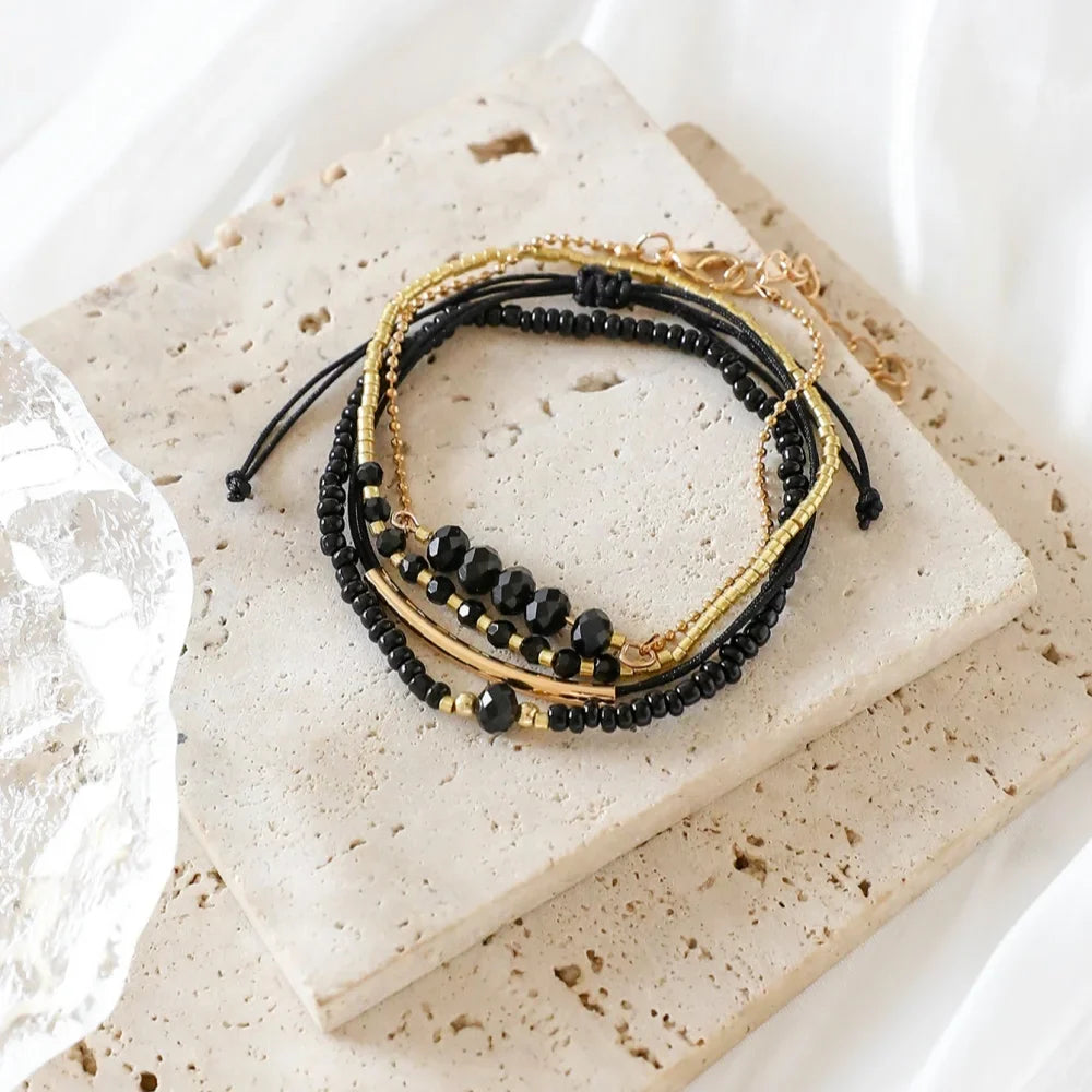 4Pcs Set Black Glass Stone Bracelets for Women Trendy Boho Handmade Jewelry Accessories