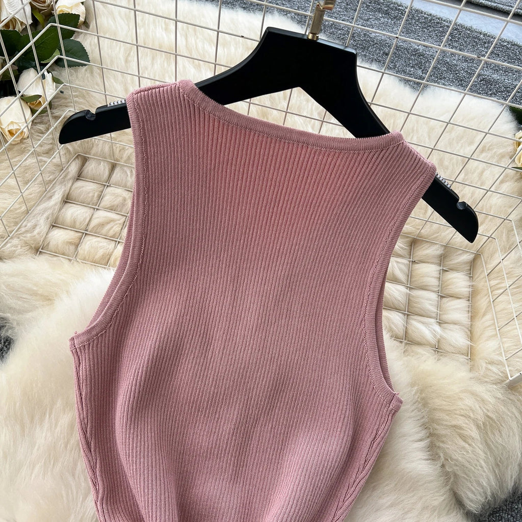 Elegant Solid Knitted O Neck Sleeveless Midi Dress Buttons