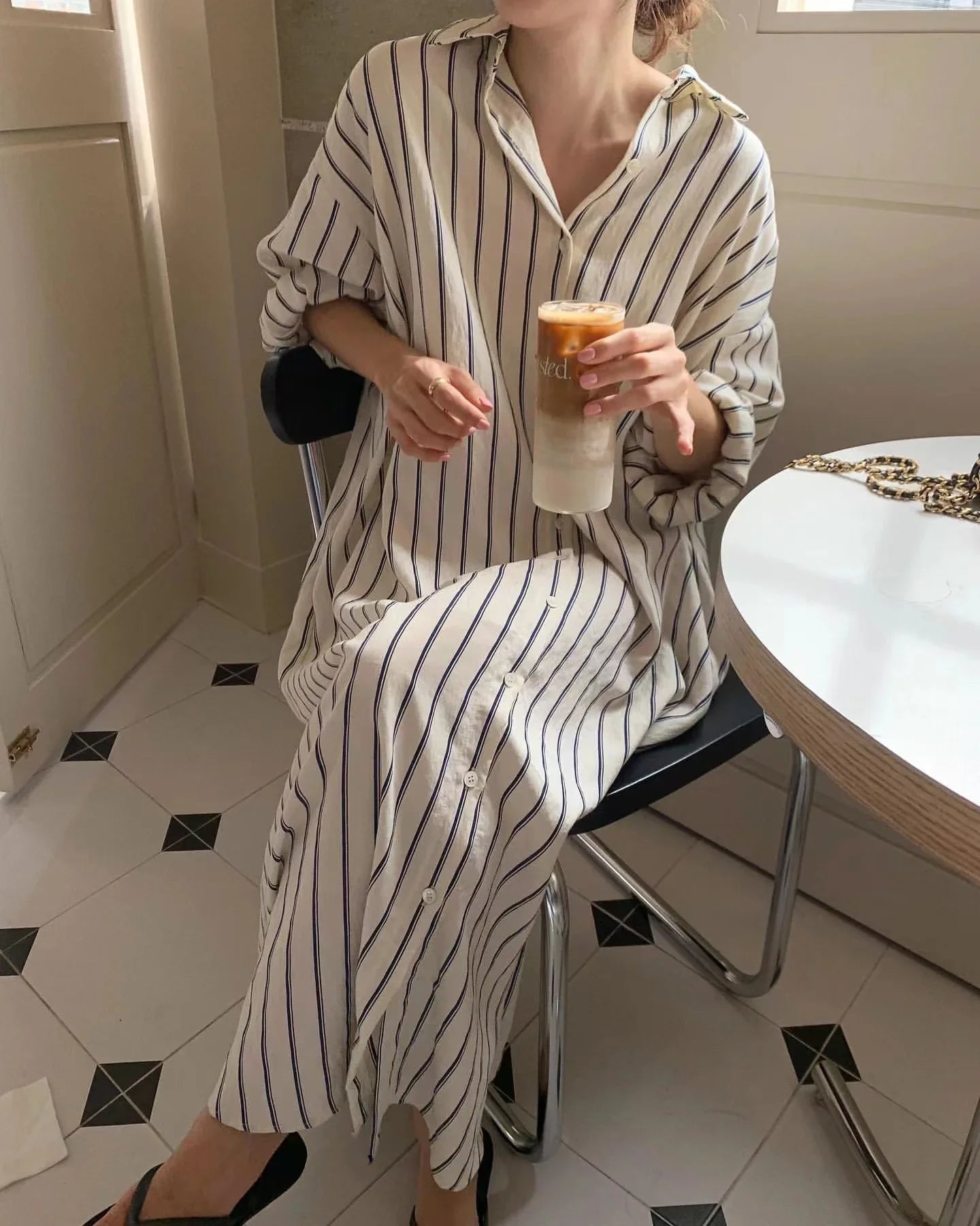 Striped Shirt Dress For Women Vintage Single Breasted