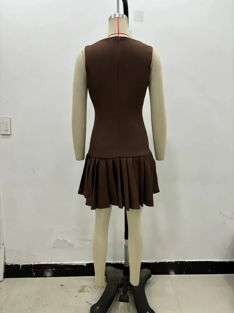 3D Cutout Mini Dress Pleated Skirt Brown Sleeveless