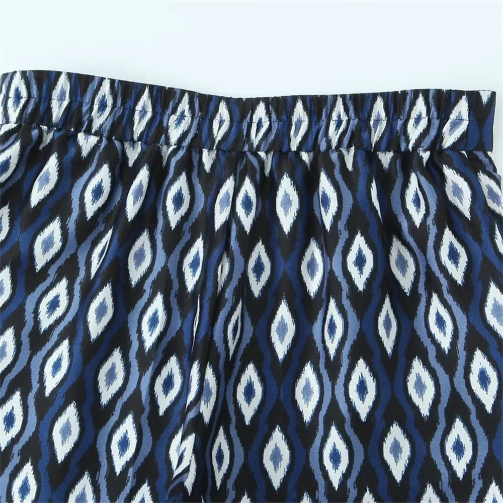 Women's Geometric Pattern Printed Shirt and Pants Set with Long Sleeve Top and Stylish Trousers