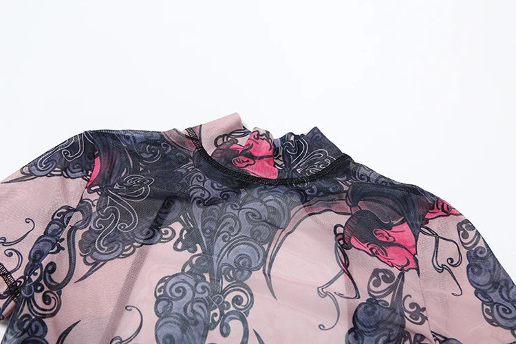 Colorful Mesh Print Jumpsuit for Women Sheer Backless Summer Clubwear Peach Buttocks Contour Tight Fit Overalls