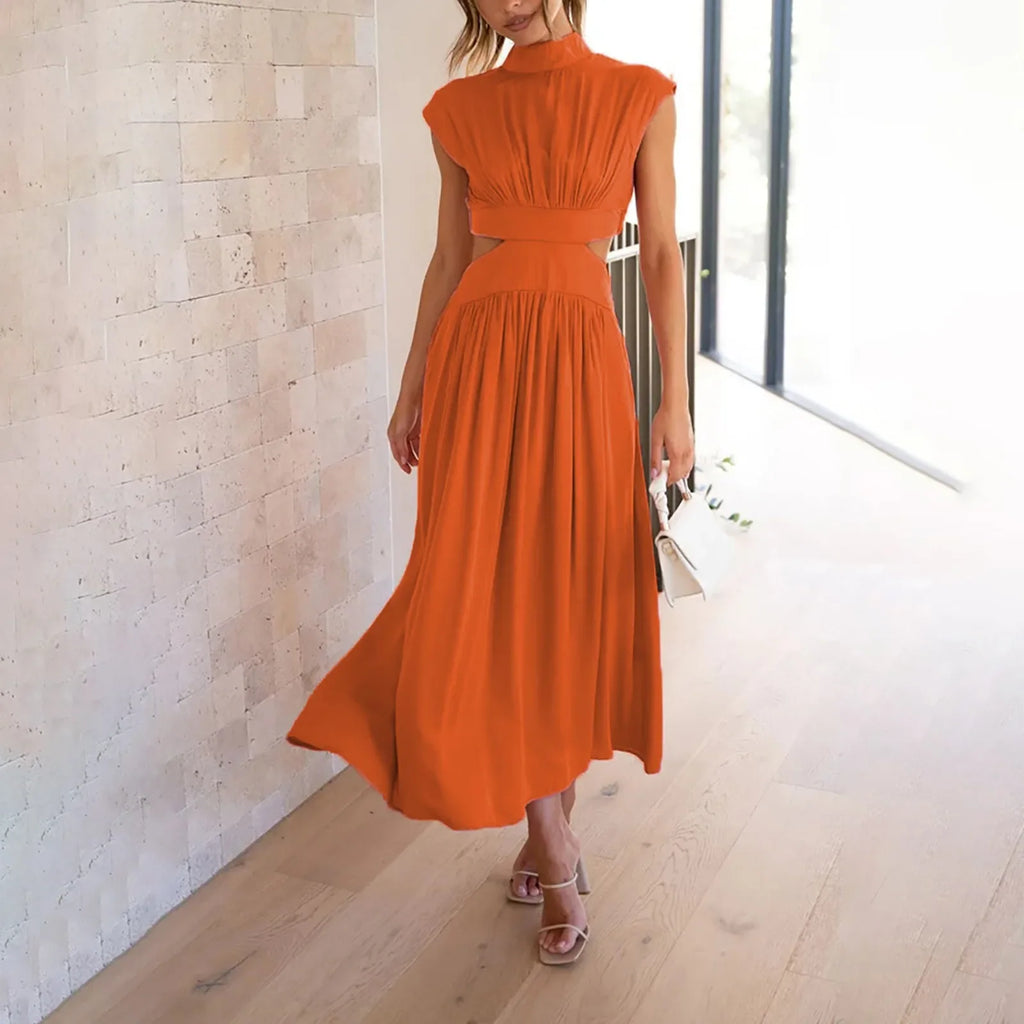 Solid Color High Waist Maxi Dress Sleeveless With Pockets