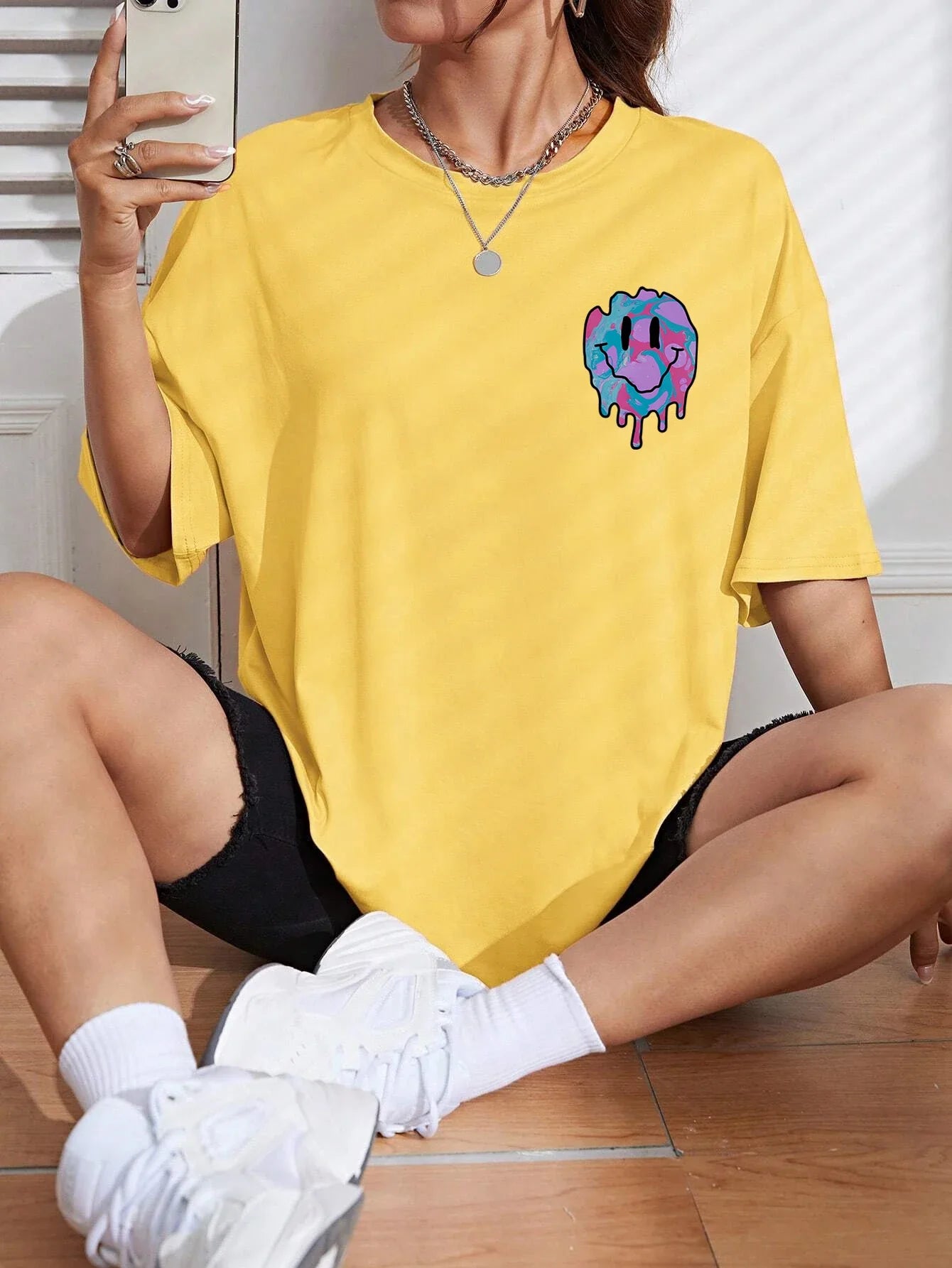 Funny Smile Face Print Cotton T-Shirt for Women Casual Streetwear Tee