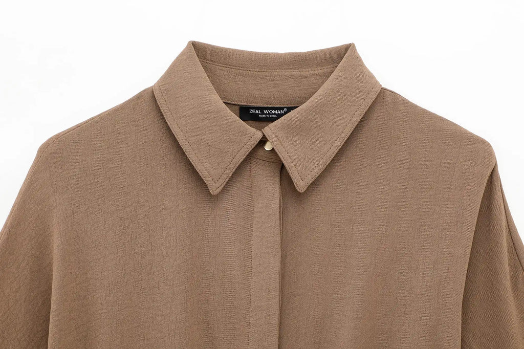 Women Casual Brown Lace-Up Waist Shirt and High Waist Wide Leg Pants Set for Spring Fashion