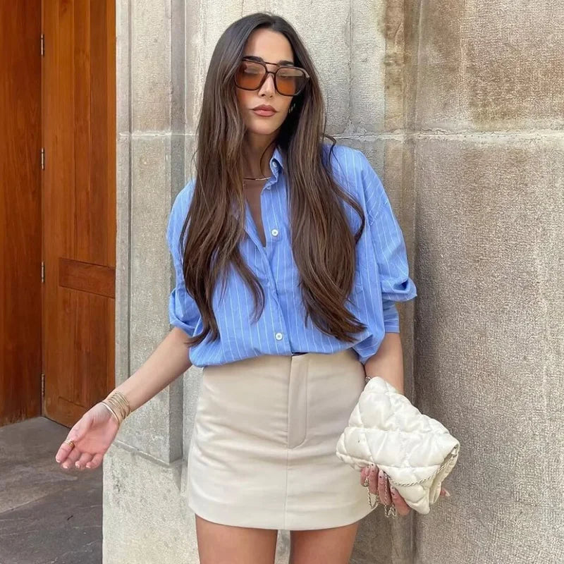 Women's Striped Loose Fit Long Sleeve Shirt Soft Blue Autumn Blouse Stylish Office Wear Top