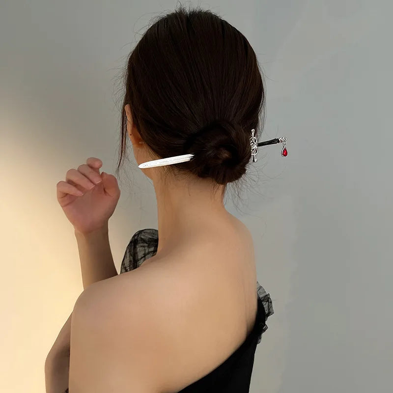 Chinese Style Ruby Hairpin for Women Punk Hair Stick Ponytail Accessory