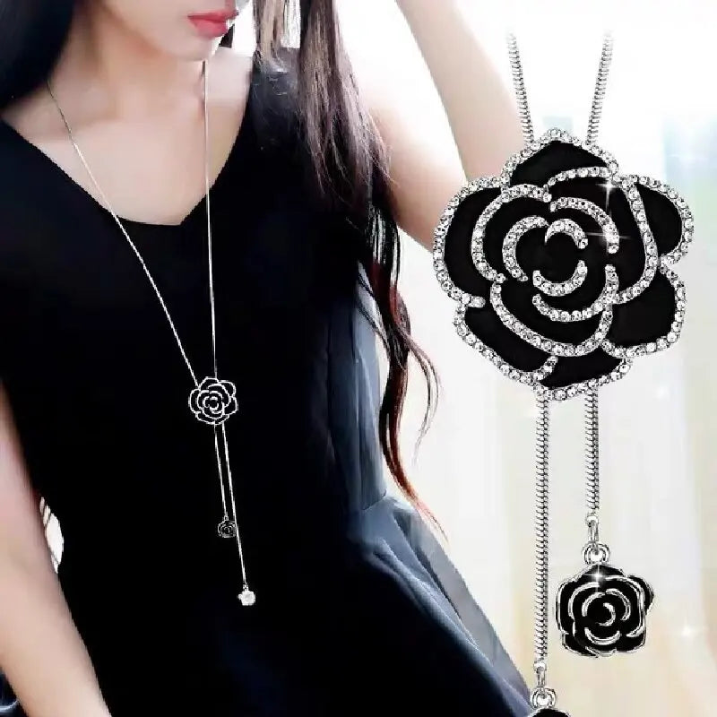 Women's Fashion Black Rose Long Necklace for Travel and Party Accessories