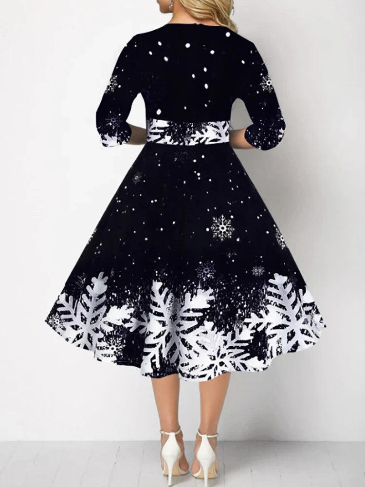Elegant Autumn A Line Midi Dress O Neck High Waist Christmas