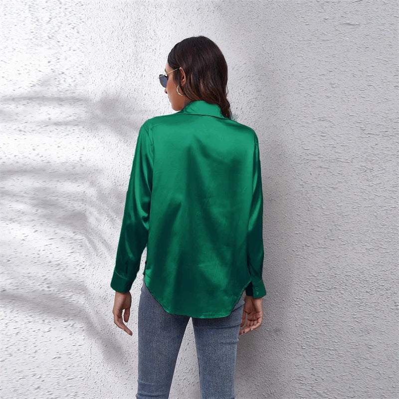 Women's Loose Satin Blouse Button Up Shirt Long Sleeve Imitation Silk Spring Top