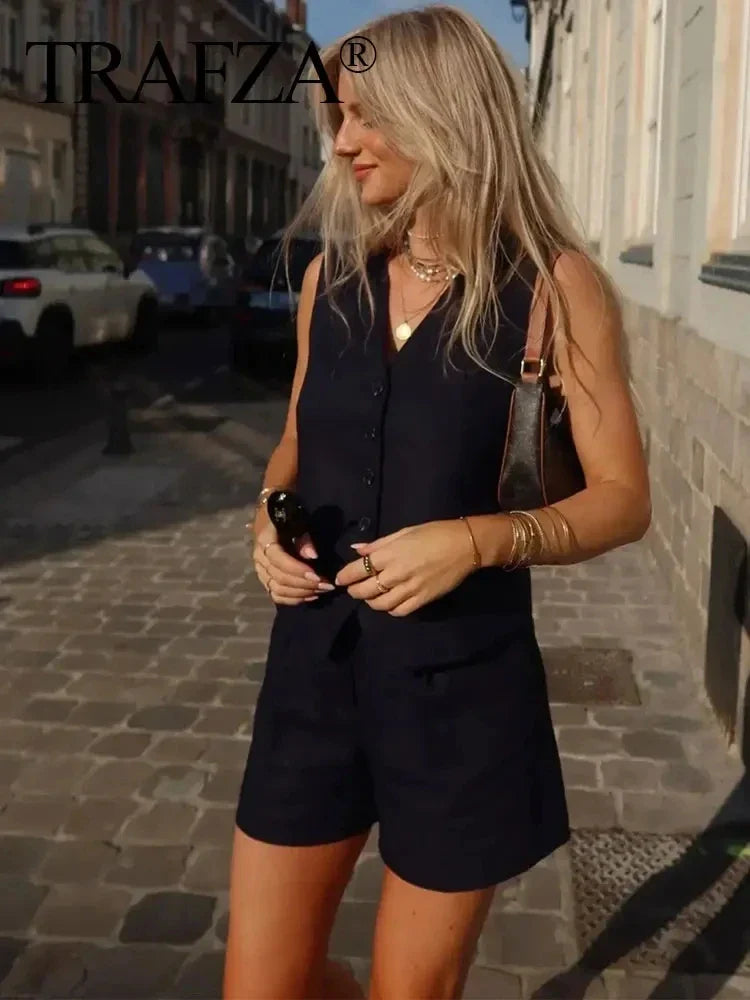 Casual Linen Sleeveless V-Neck Vest for Women Single Breasted Office Fashion Lightweight Linen Top