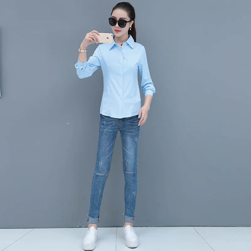 Elegant Slim Fit Blue Long Sleeve Blouse for Women Formal Office Shirt Basic Workwear Top