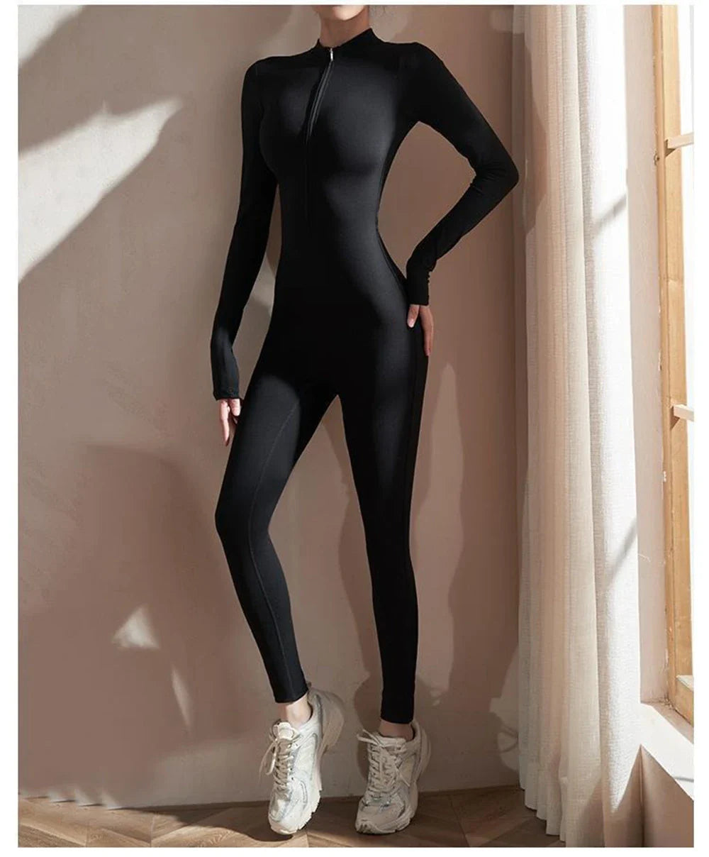 Womens Long Sleeve Yoga Jumpsuit Slim Fit Stretch One Piece Romper with Front Zipper Sexy Fitness Activewear Tight Basic Sportwear