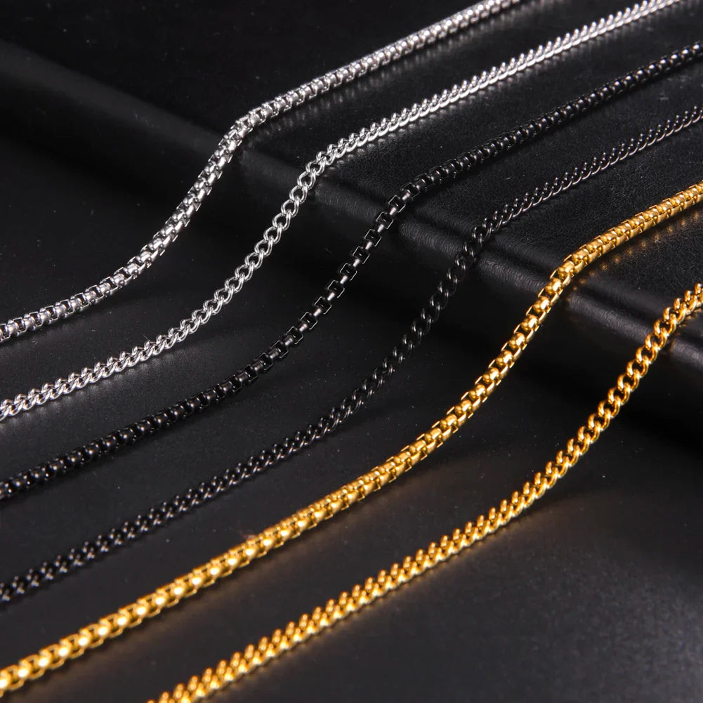 60cm Long Stainless Steel Box Chain Necklace for Men in Black and Gold Color Fashion Punk Jewelry