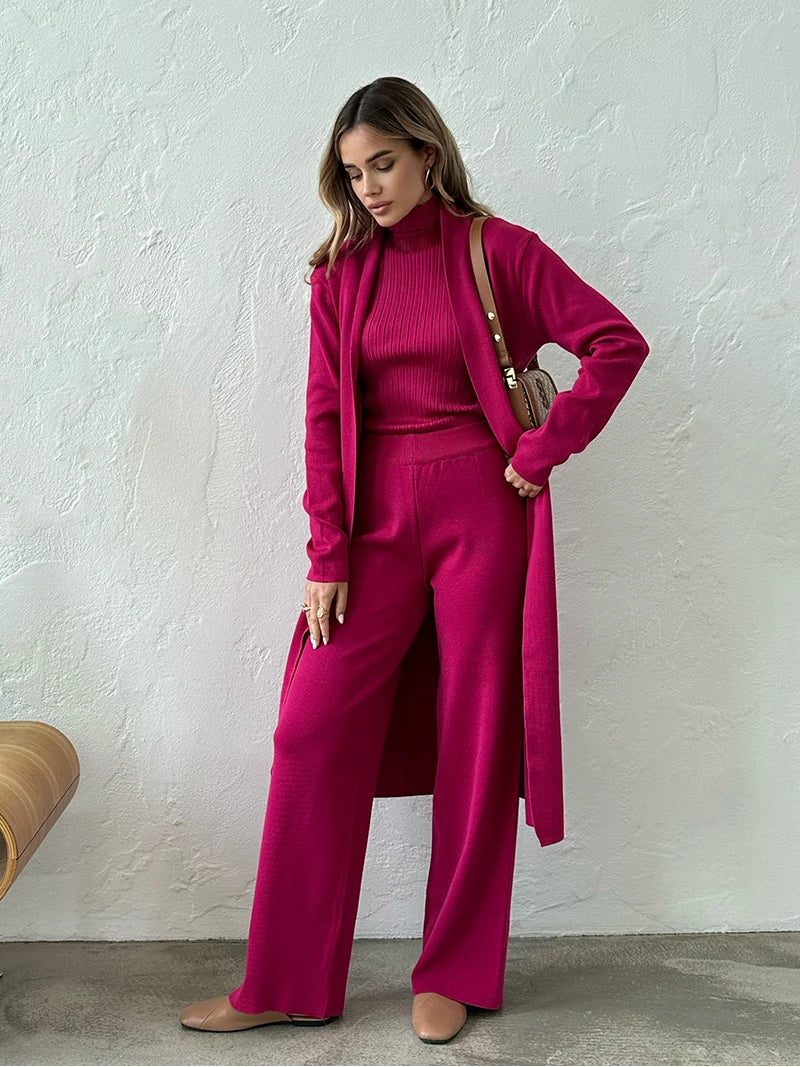 3 Piece Knitted Tracksuit Set for Women Comfy Loungewear with Long Cardigan Coat Turtleneck Vest and Pants