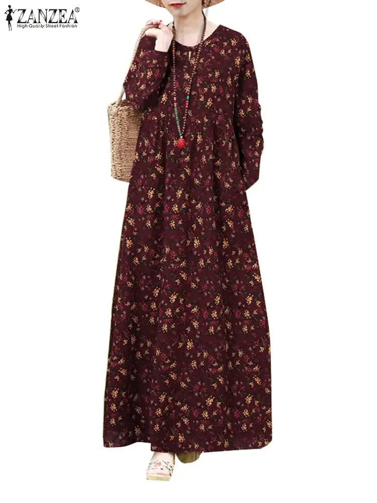 Boho Floral Print Maxi Dress With Long Sleeves Casual