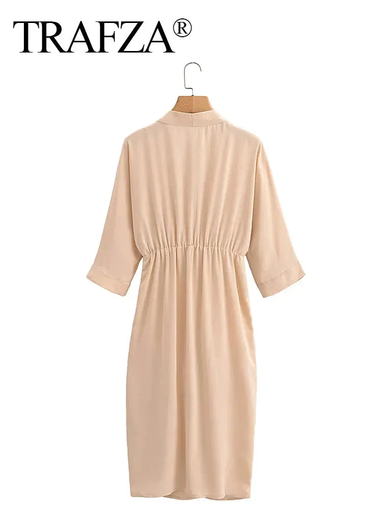 Women Elegant Solid Waist Draped V Neck Evening Dress