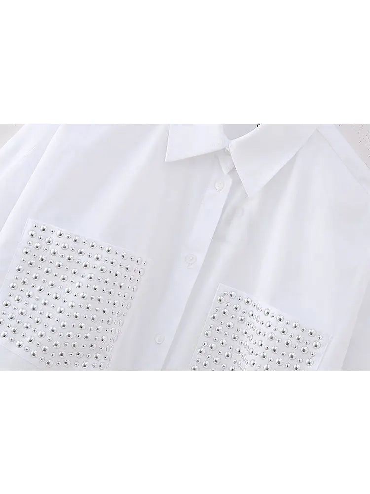 Women's Casual Lapel Collar Single Breasted Blouse with Pockets and Rivet Detail Long Sleeve Shirt