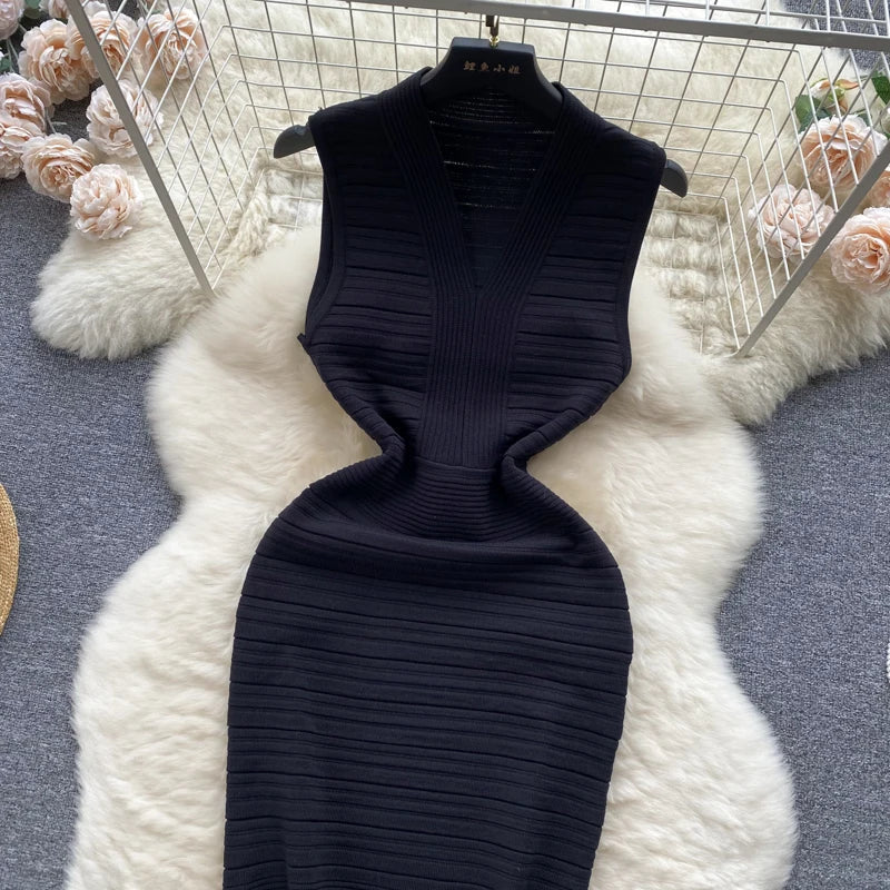 White Knit Tank Dress V Neck Sleeveless Bodycon Wrap Dress
