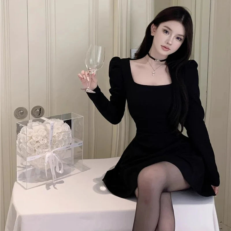 Elegant Women Evening Dress Long Sleeve Retro Banquet Black