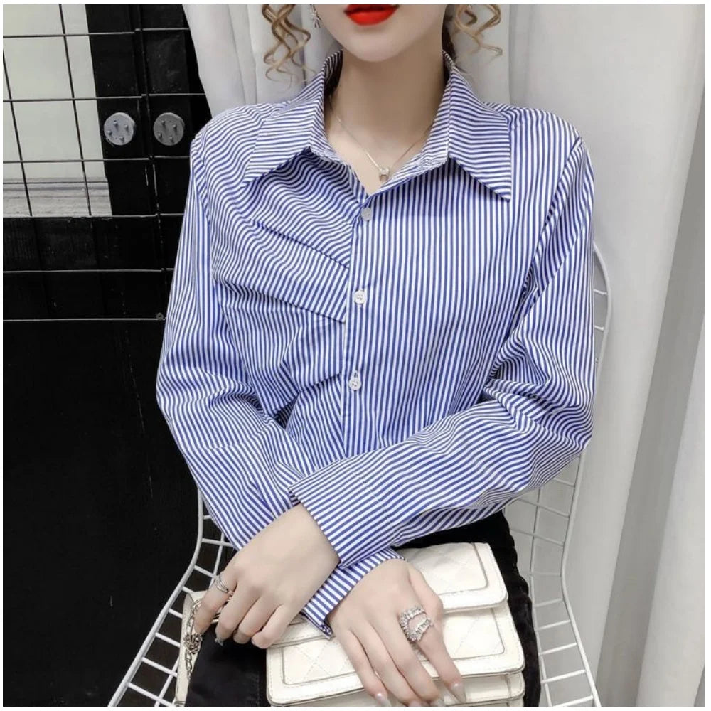 Elegant Office Lady Stripe Shirt with Chic White Long Sleeve Blouse for Casual and Professional Wear