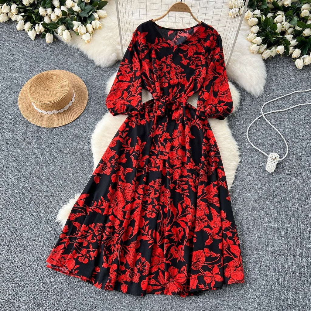 Boho Floral Print Pleated Maxi Dress With Puff Sleeves Belt