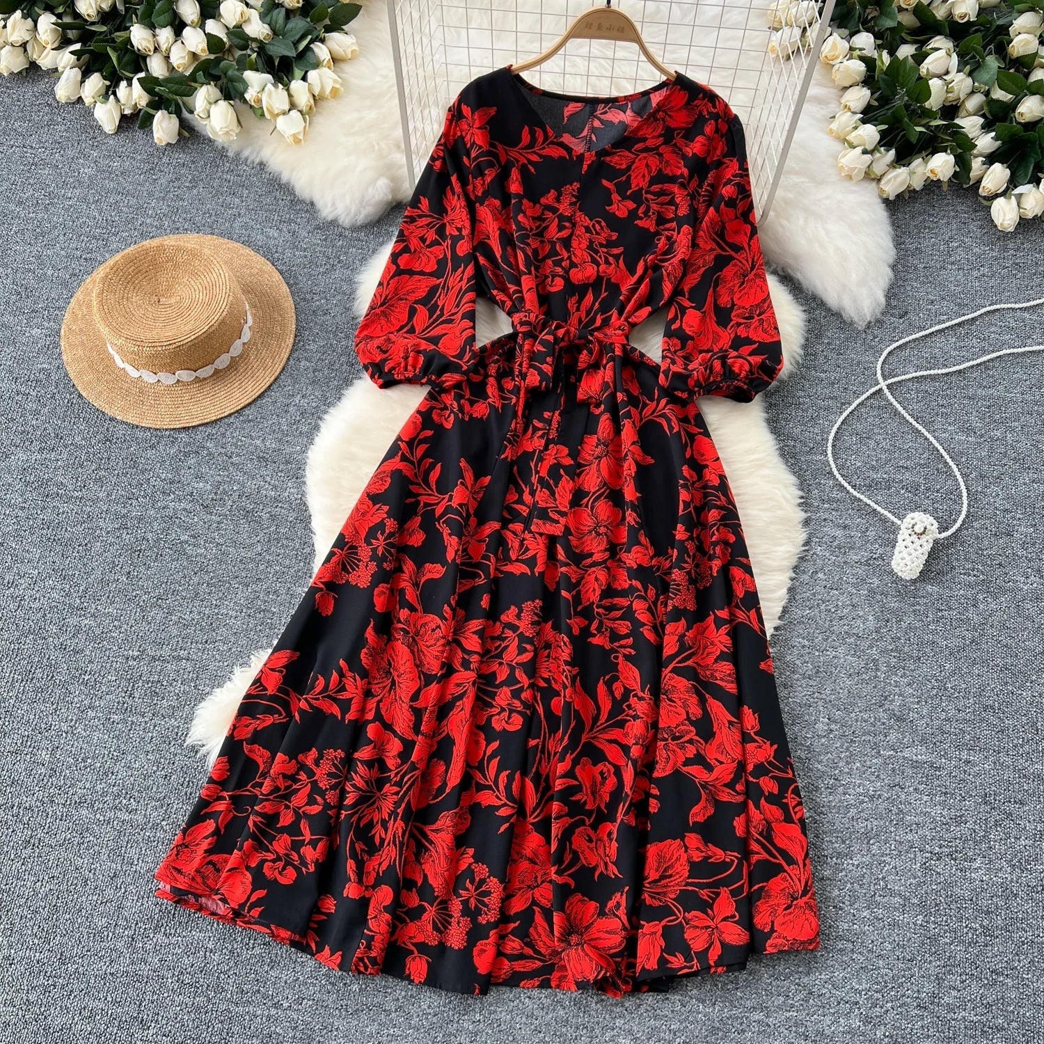 Boho Floral Print Pleated Maxi Dress With Puff Sleeves Belt