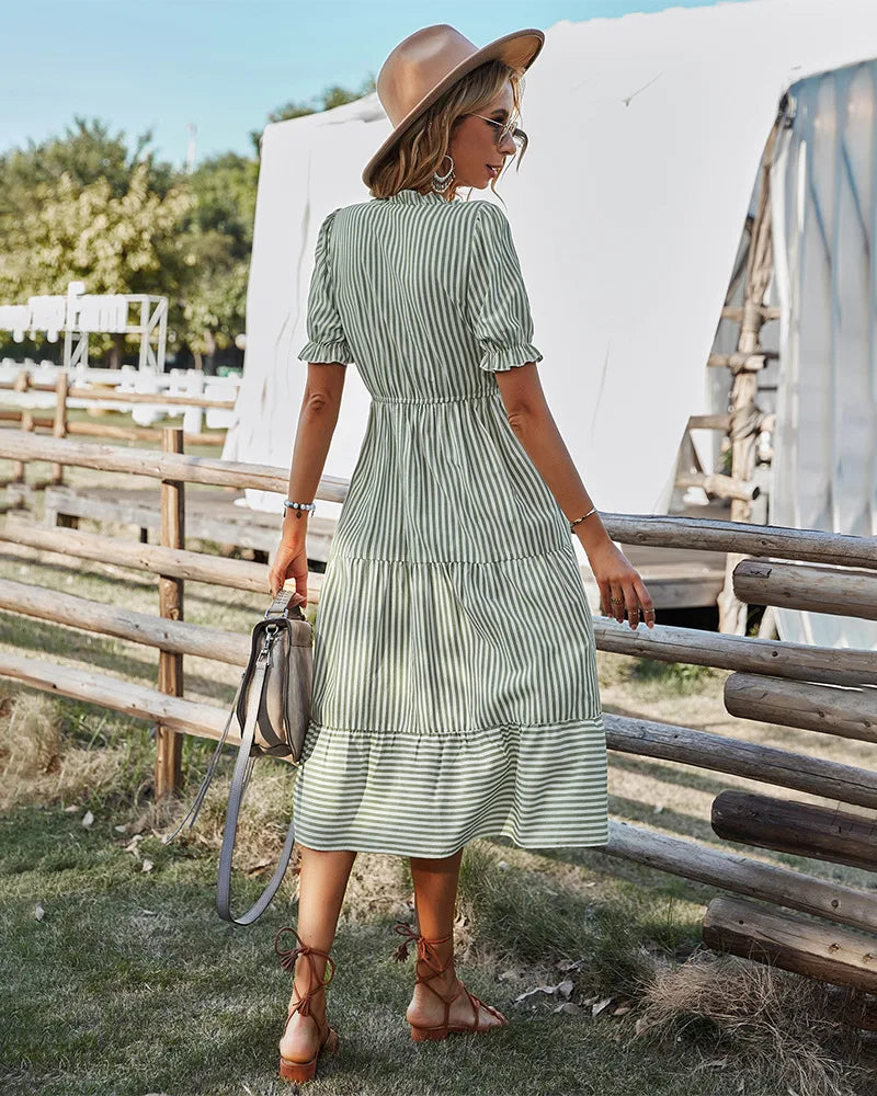 Striped Lantern Sleeve Midi Dress With V Neck Ruffles