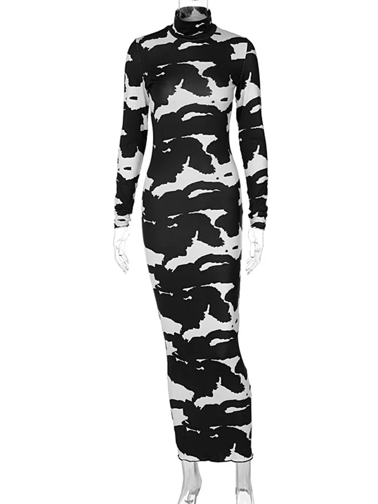 Cow Print Maxi Dress Long Sleeve Turtleneck Bodycon Party