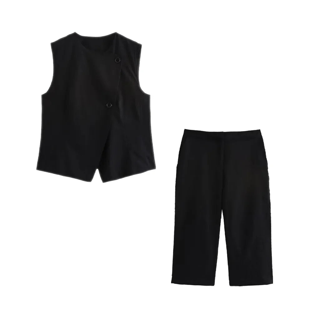 Chic Black Double Breasted Vest and Straight Leg Long Casual Shorts Set for Women Stylish Versatile Autumn Outfit