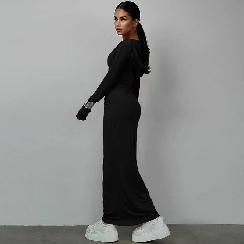 V Neck Solid Maxi Dress With Draped Silhouette Long Sleeve