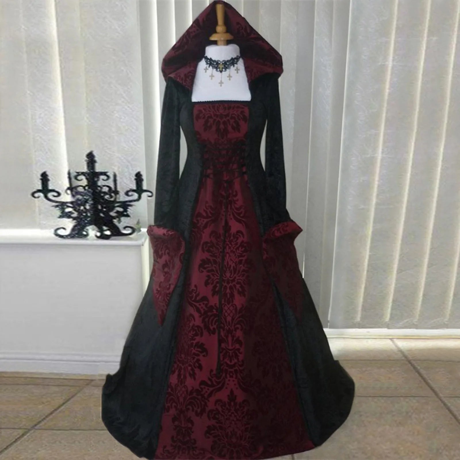 Gothic Hooded Vintage Dress Embroidered Long Sleeve