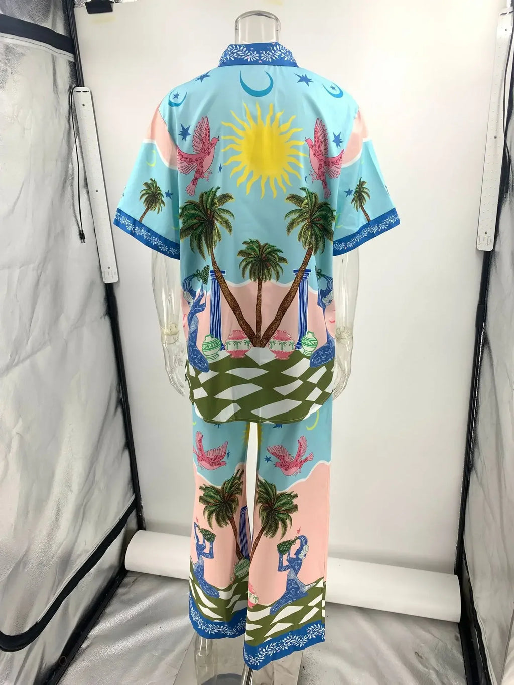 Summer Fashion 2 Piece Set for Women with Printed Half Sleeve Shirt and High Waisted Wide Leg Pants