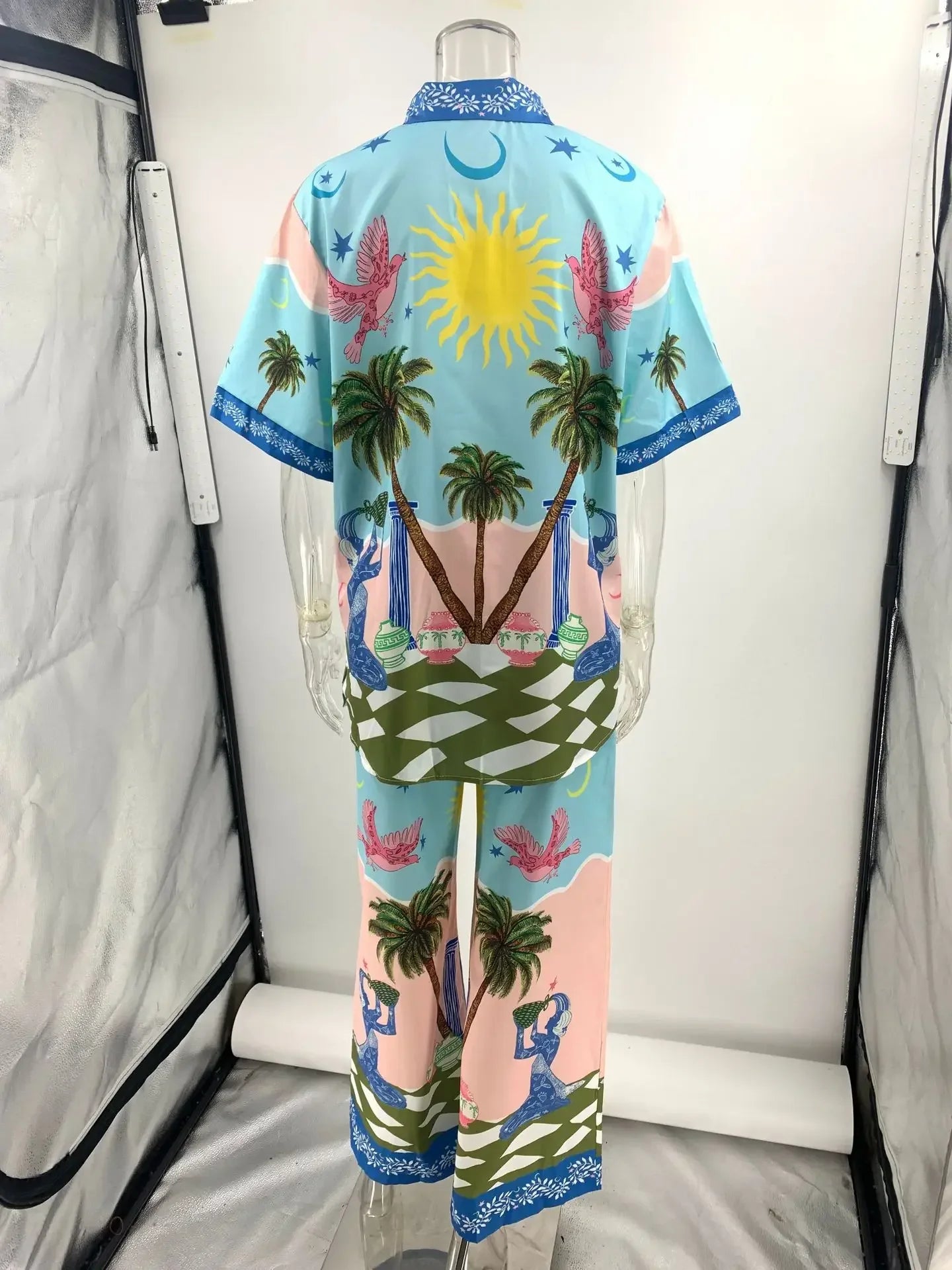 Summer Fashion 2 Piece Set for Women with Printed Half Sleeve Shirt and High Waisted Wide Leg Pants