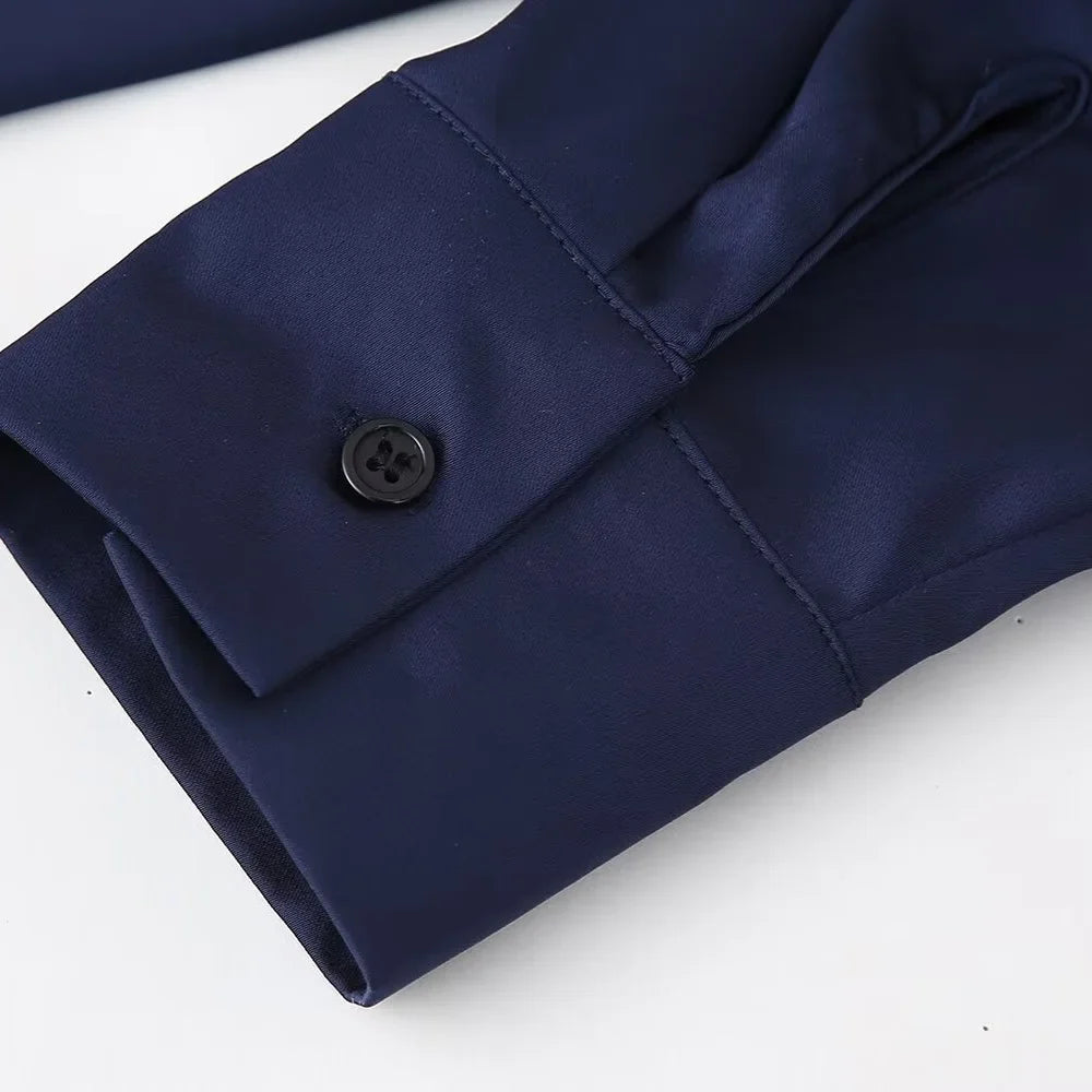 Women's Casual Polo Collar Long Sleeved Sequin Satin Kimono Coat and Bead Pants Set