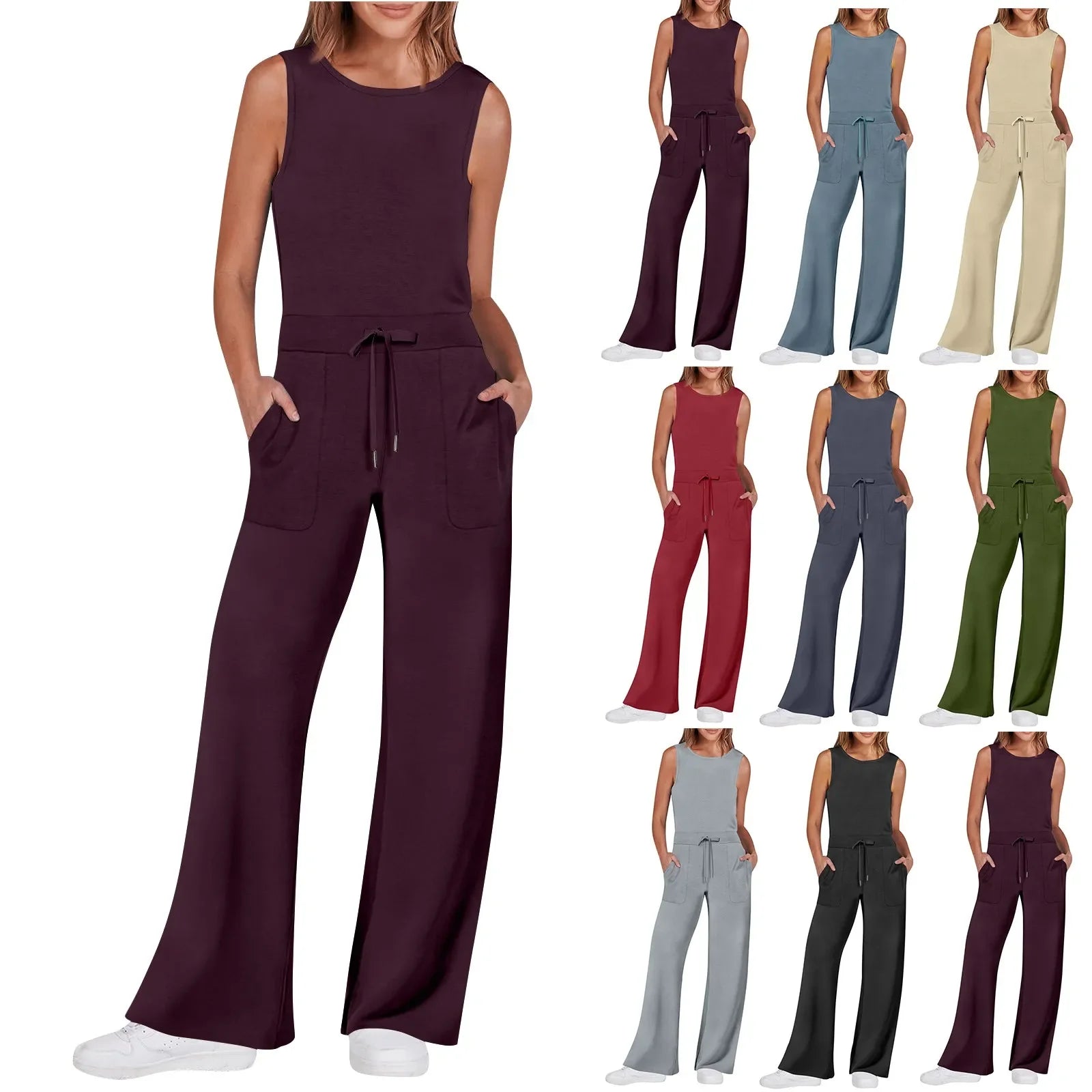 Women's Sleeveless Solid Color Casual Jumpsuit with Drawstring Waist Pockets Straight Leg Thin Commuting Outfit