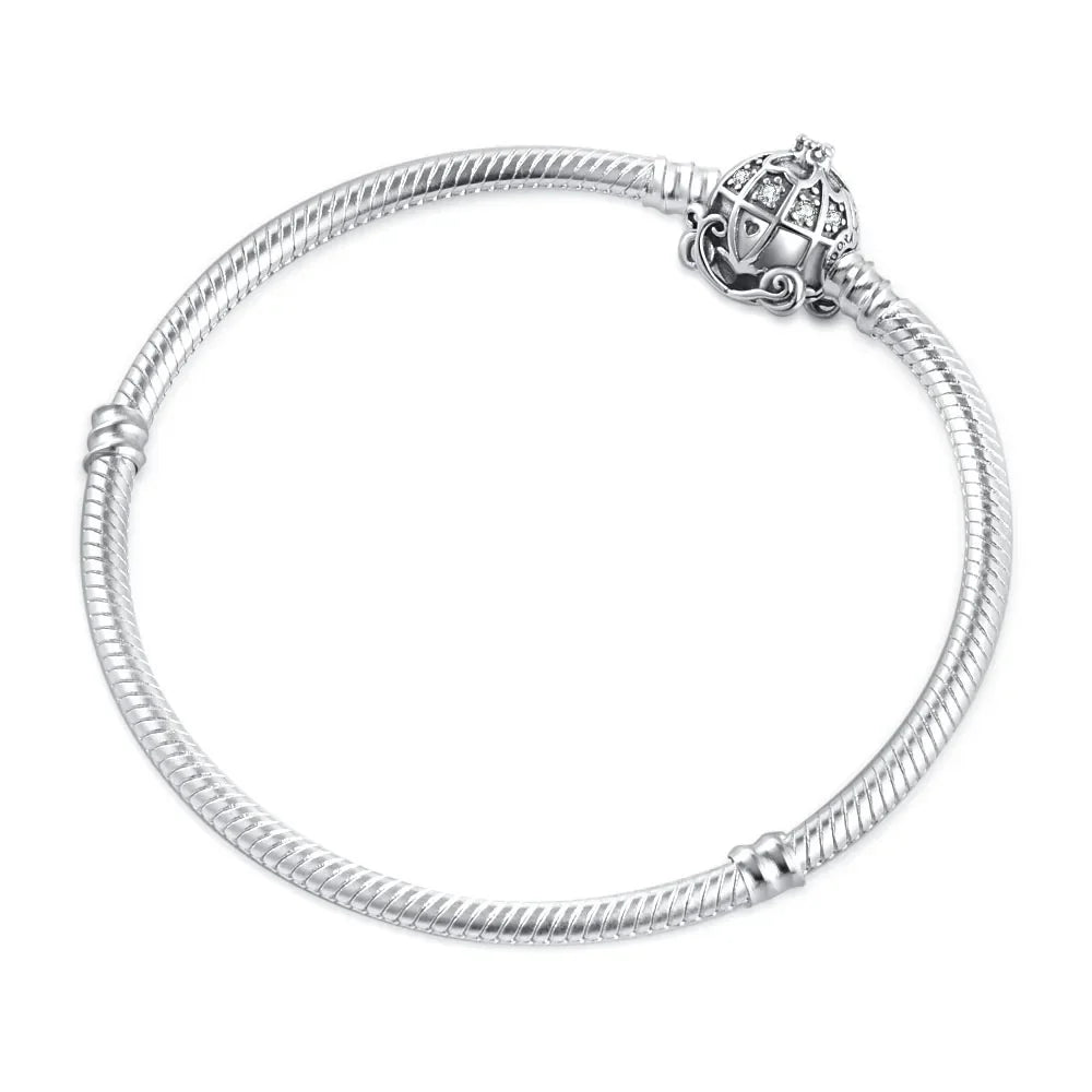 Sterling Silver 925 Heart and Flower Clip Clasp Bracelet with White Zircon Beads 16-21CM