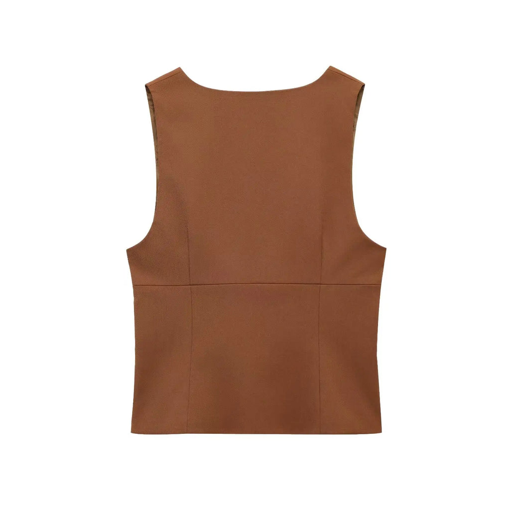 Women's Sleeveless Button-Down Vest with Pockets and Matching Mini Skirt Two-Piece Set for Chic and Stylish Look