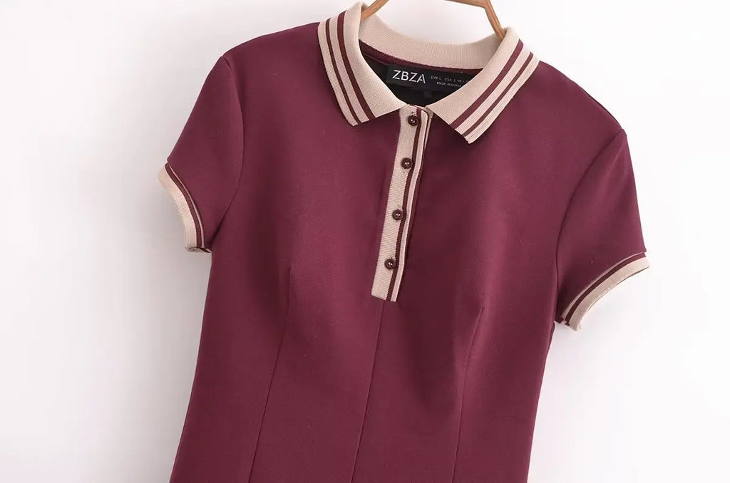 Retro Ribbed Pleated Dress For Women With Contrast Trim