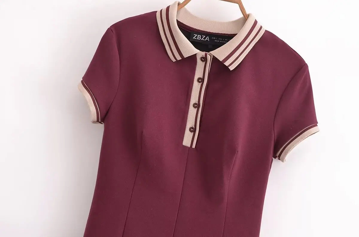 Retro Ribbed Pleated Dress For Women With Contrast Trim