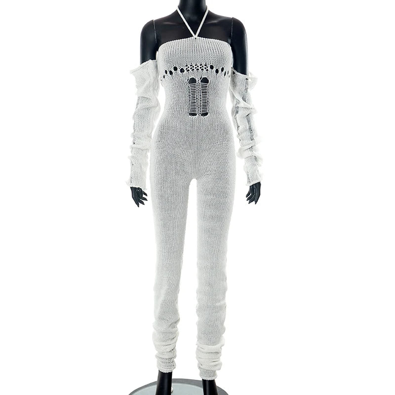 Weird Puss Bandage Knit Halter Jumpsuit with Gloves Women Stretch Sexy Backless Hollow Skinny Street Style Stacked Workout Overalls