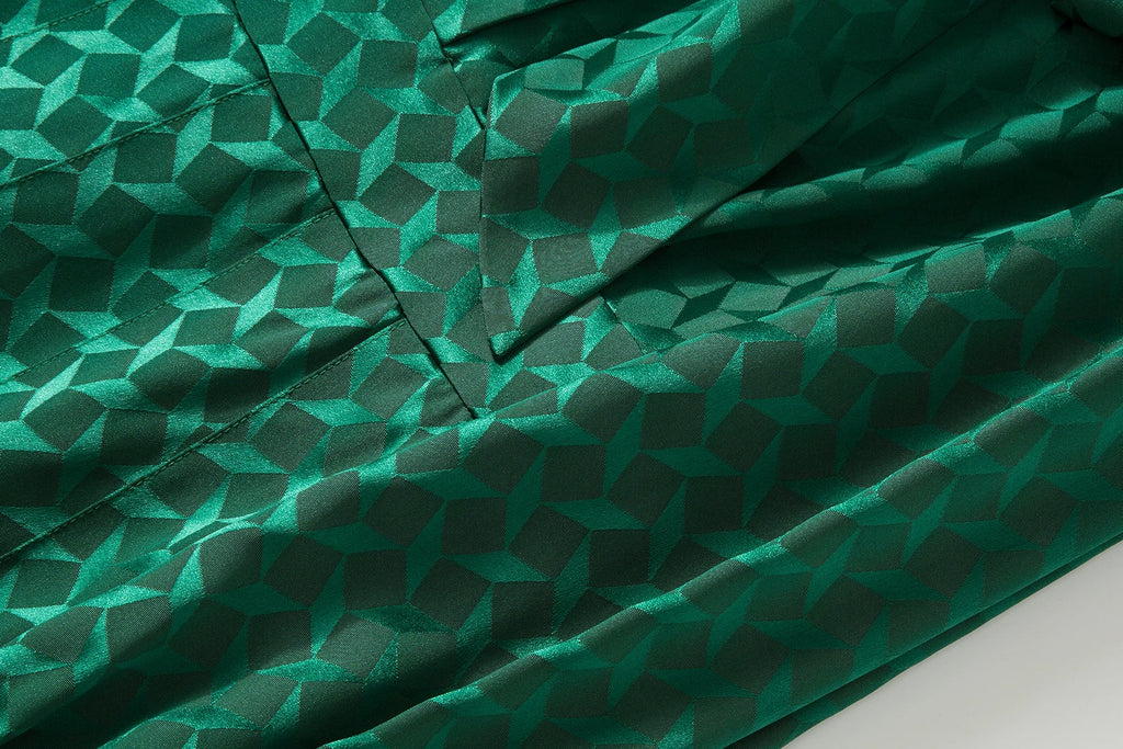 Elegant Green Pleated Long Sleeve Dress With Bow Collar