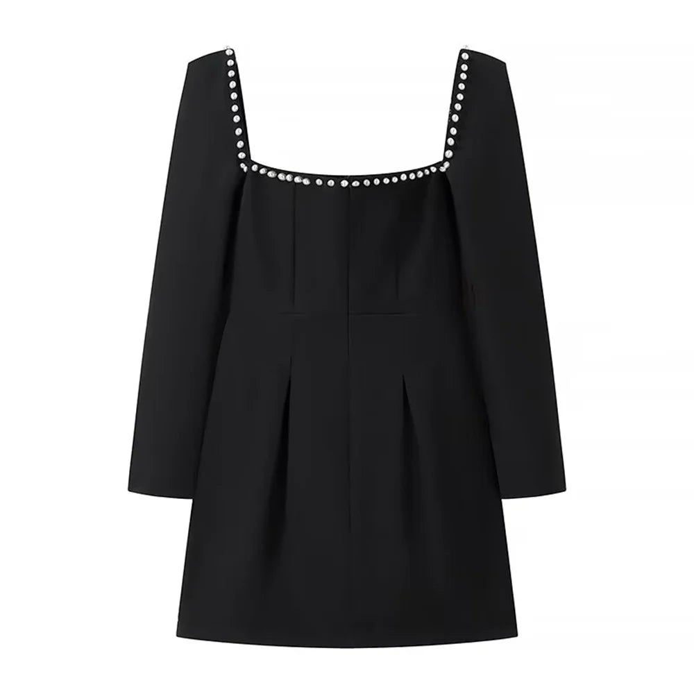 Pearl Embellished Square Neck Dress Slim Fit A Line