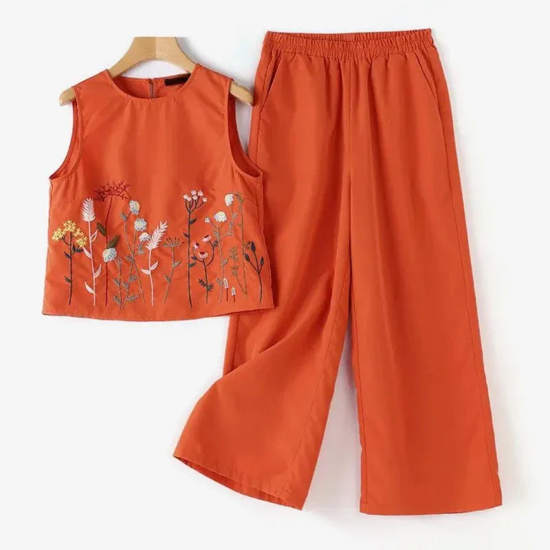 Women's Cotton and Hemp Two Piece Set Loose Elegant Sleeveless Commuter Outfit with Embroidery